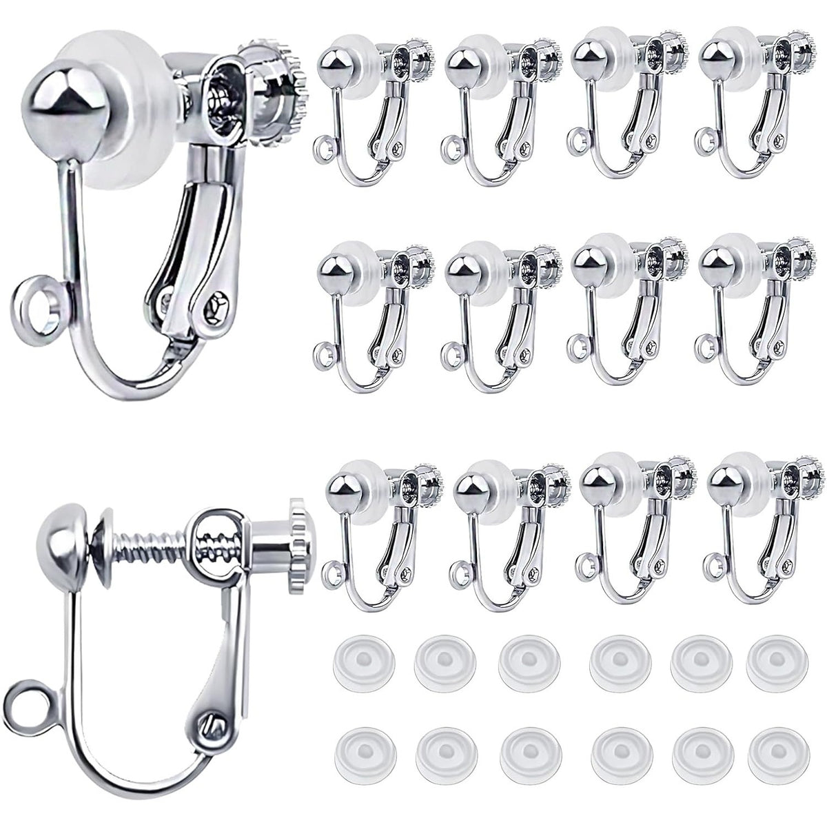 12pcs Sterling Silver Plated Clip-on Earring Converters Brass Screw Back Non Pierced Ear Clips Components with Loop and 12pcs Anti-Pain Pads for DIY Earrings Jewelry Making