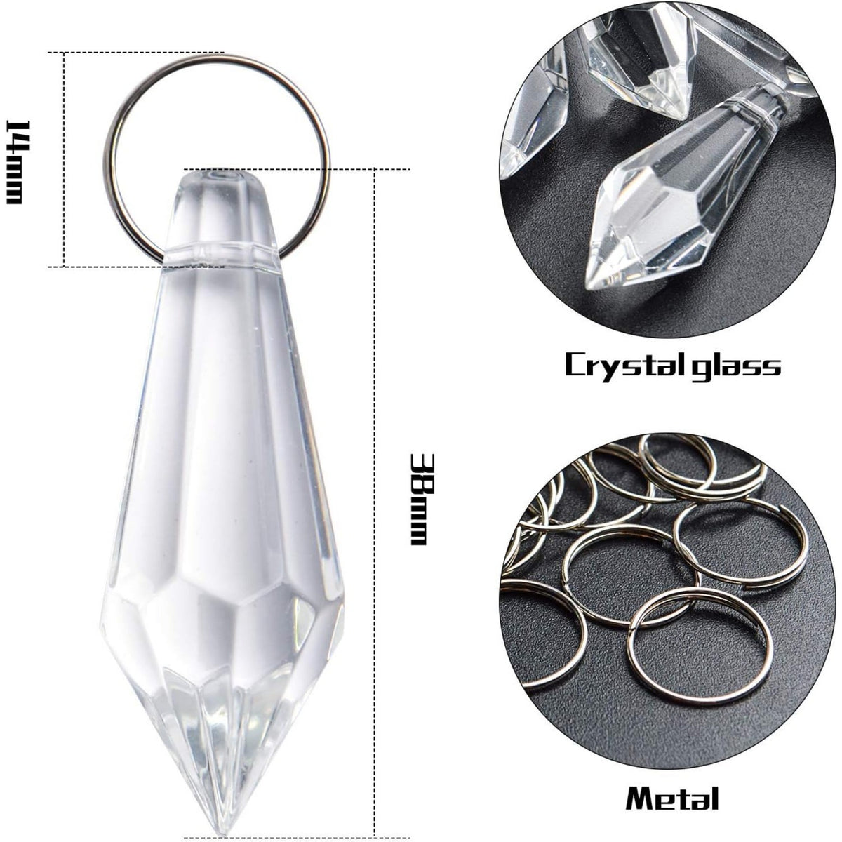 Crystal Glass Beads Drops, 30Pcs 38mm Chandelier Crystal Pendants Drops Clear Glass Beads Connected with 100pcs 14mm Stainless Jump Rings for Wedding Party Christmas Decoration