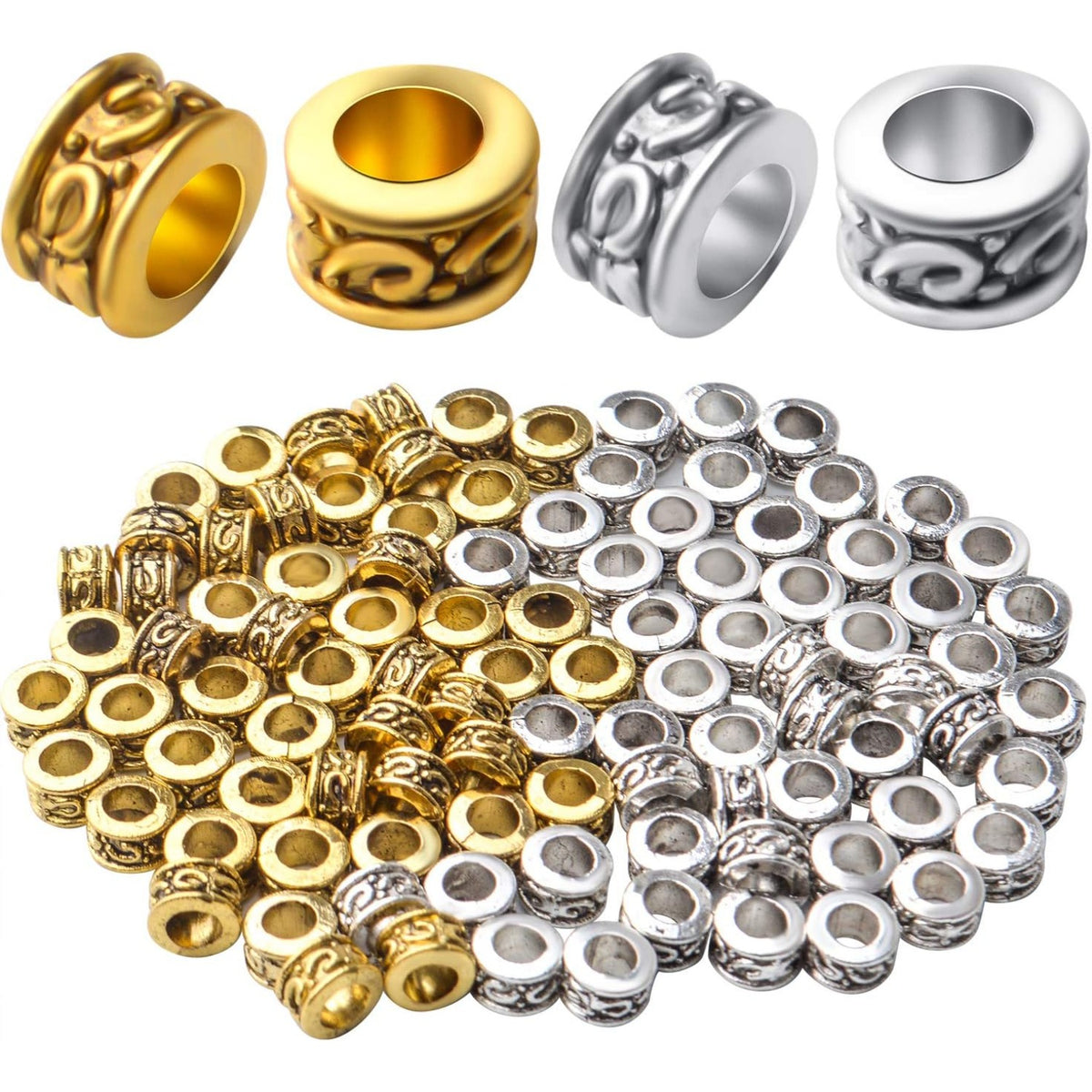 100pcs Alloy Tube Beads Spacers Tibetan Column Spacer Bead Rondelle Loose Beads Jewelry Spacer Charms for Bracelet Necklace Jewelry Making Crafts Supplies