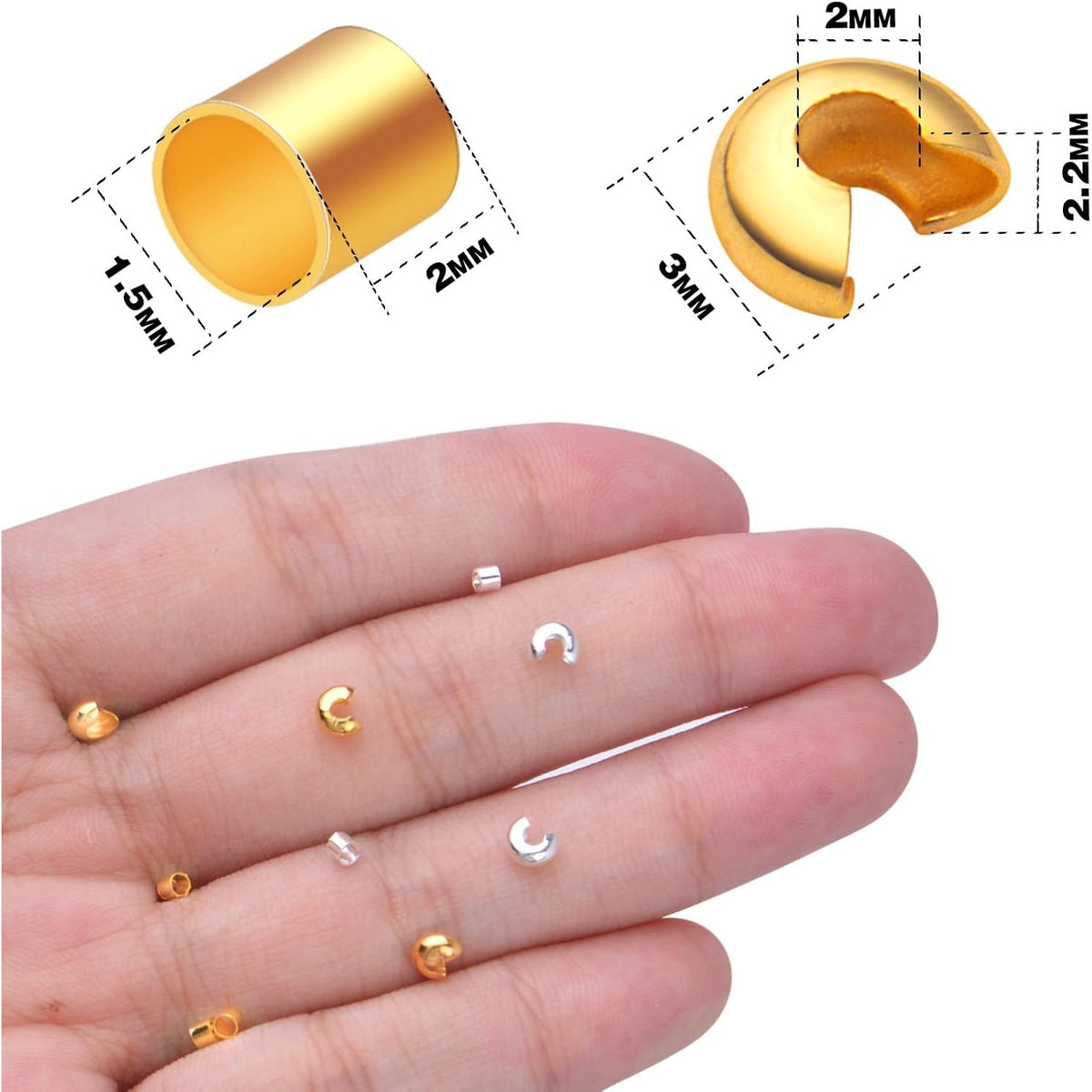 1200pcs 2mm Tube Crimp Beads and 3mm Crimp Bead Knot Covers Brass Cord End Tube Caps Half Round Open Crimp Beads for DIY Craft Necklace Bracelet Jewelry Making, 2 Colors