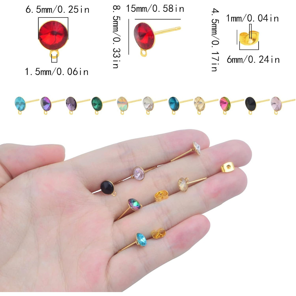 24pcs Stainless Steel Colorful Rhinestone Earring Posts with Loop Hypoallergenic Stud Earrings Findings and 24pcs Golden Butterfly Earring Backs for DIY Crafts Jewelry Making
