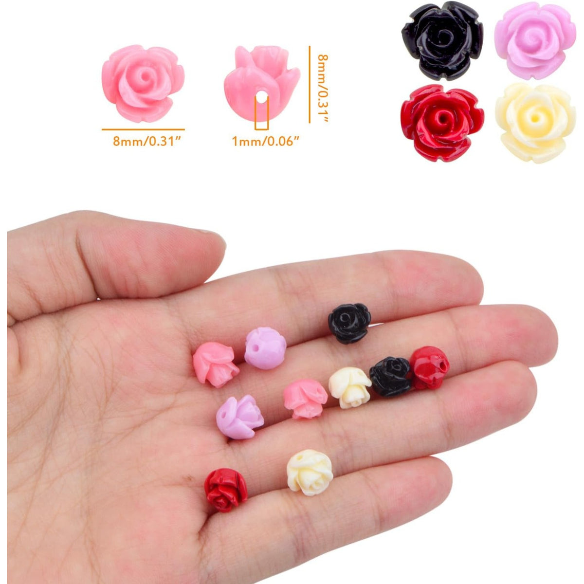 50pcs 8 mm Rose Flower Beads Lovely Coral Roseflower Beads Flower Shape Loose Beads for DIY Earrings Jewelry Making Craft Decor, 5 Colors