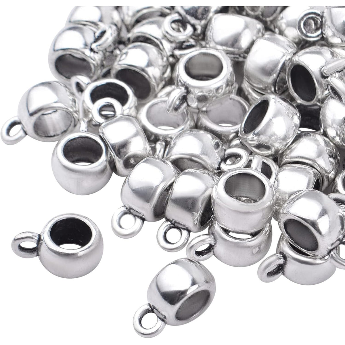 100pcs Antique Silver Bail Tube Beads Tibetan Alloy Tube Spacer Beads Vintage Hanger Dangle Connector Links for DIY European Charm Bracelet Jewelry Making Accessories