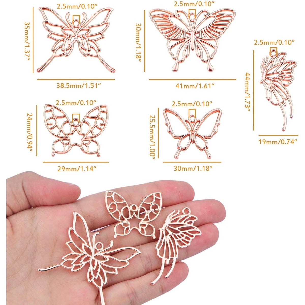 20pcs Rose Golden Butterfly Shape Open Back Bezel Pendants Alloy Hollow Butterfly Wings Frame Resin Mould Charms for DIY Necklace Earrings Jewelry Making Findings, 5 Styles