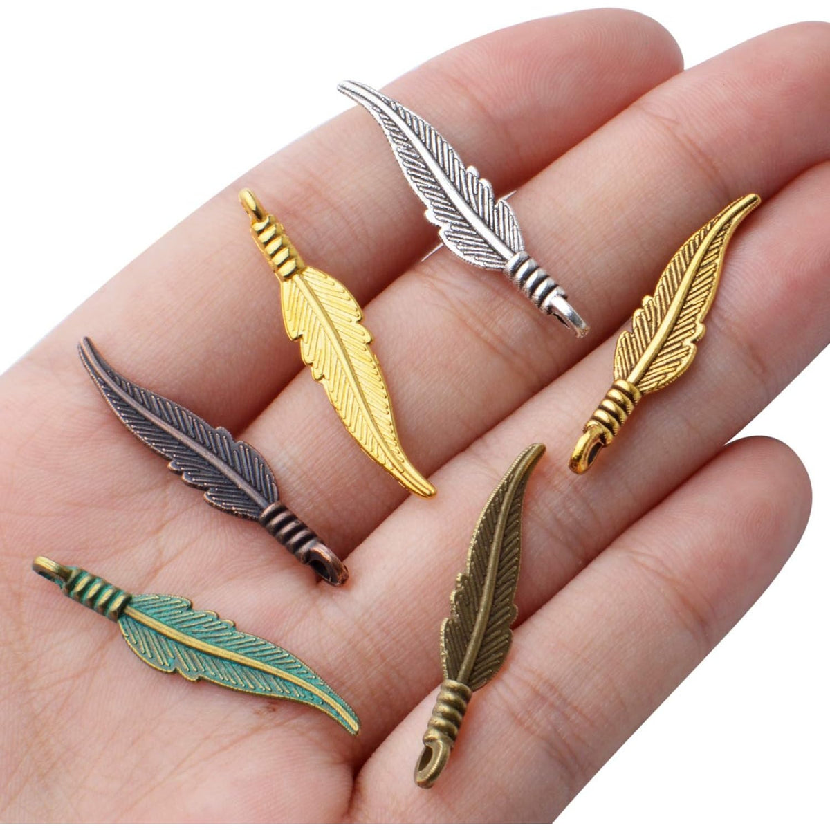 60pcs Craft Supplies Feather Charms Pendants Tibetan Alloy Leaf Charms for DIY Earring Necklace Jewelry Making Accessory,6 Colors