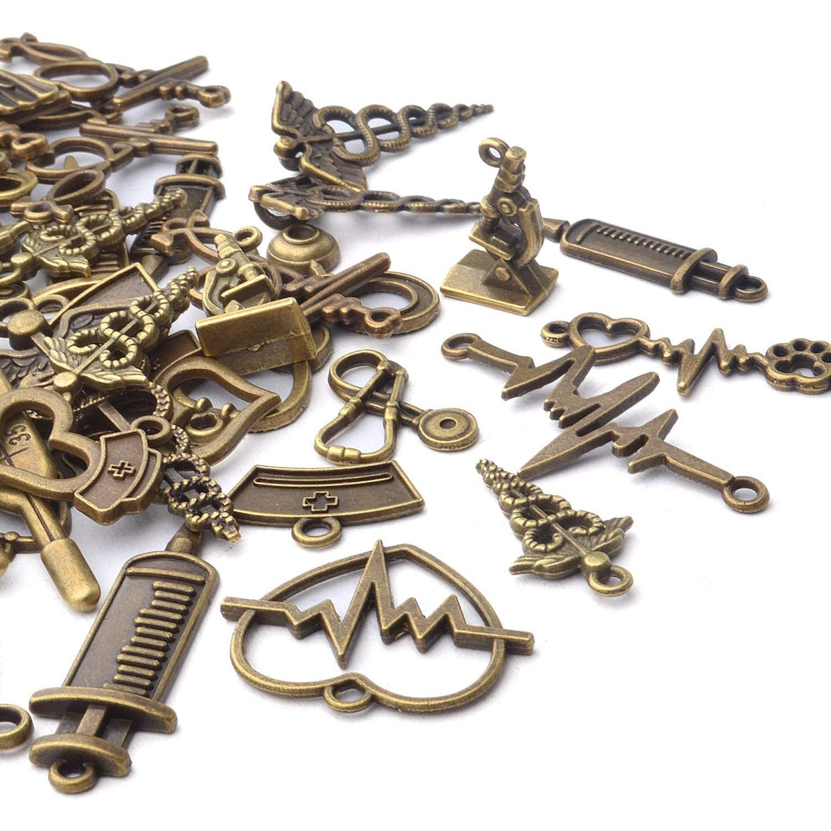 100g Craft Supplies Antique Bronze Medical Nurse Charms Alloy Stethoscope Syringe Nurse Cap Hat Charms Jewelry Medical Charm Pendants for DIY Necklace Bracelet Jewelry Accessory