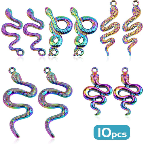 10 Pieces 5 Styles Snake Pattern Pendant Charms Alloy Animal Serpent Shape Dangle Pendants Craft Supplies for DIY Necklace Bracelet Jewelry Making, Rainbow Color