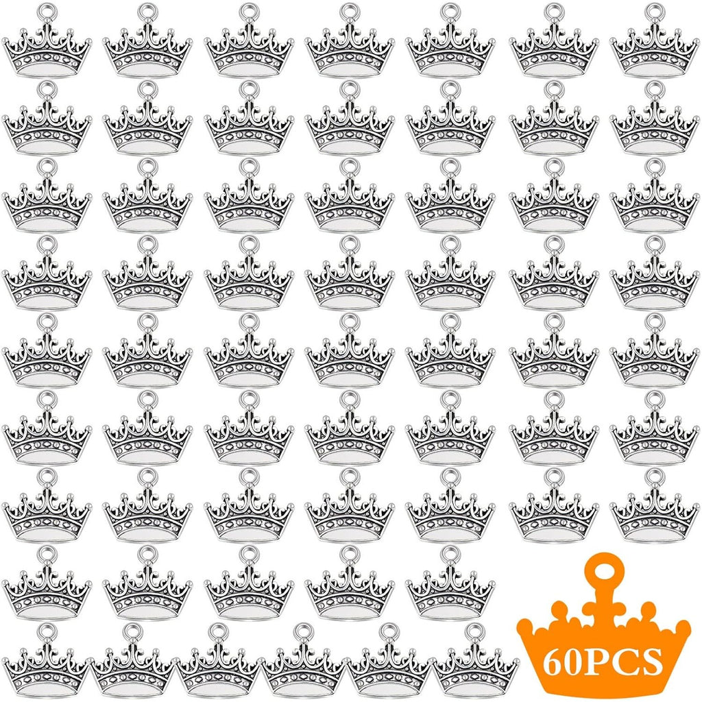 60 Pieces Antique Silver Tiara Crown Charms Vintage Alloy Mini Crown Princess Dangle Pendants Accessories for DIY Necklace Jewelry Making Brithday Party Gifts