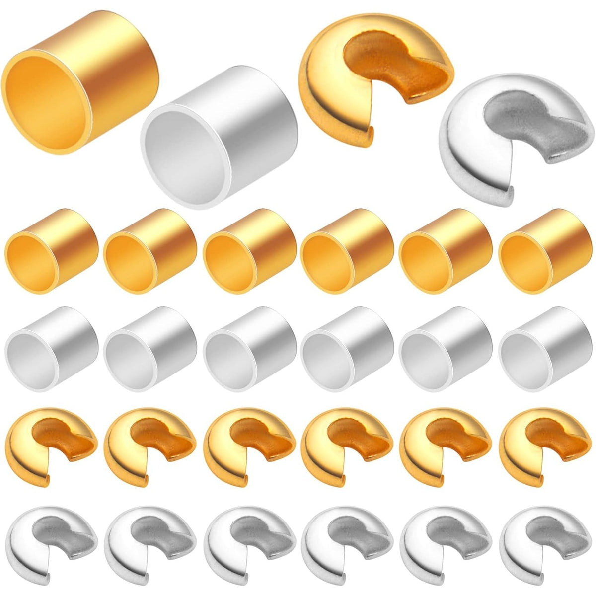 1200pcs 2mm Tube Crimp Beads and 3mm Crimp Bead Knot Covers Brass Cord End Tube Caps Half Round Open Crimp Beads for DIY Craft Necklace Bracelet Jewelry Making, 2 Colors