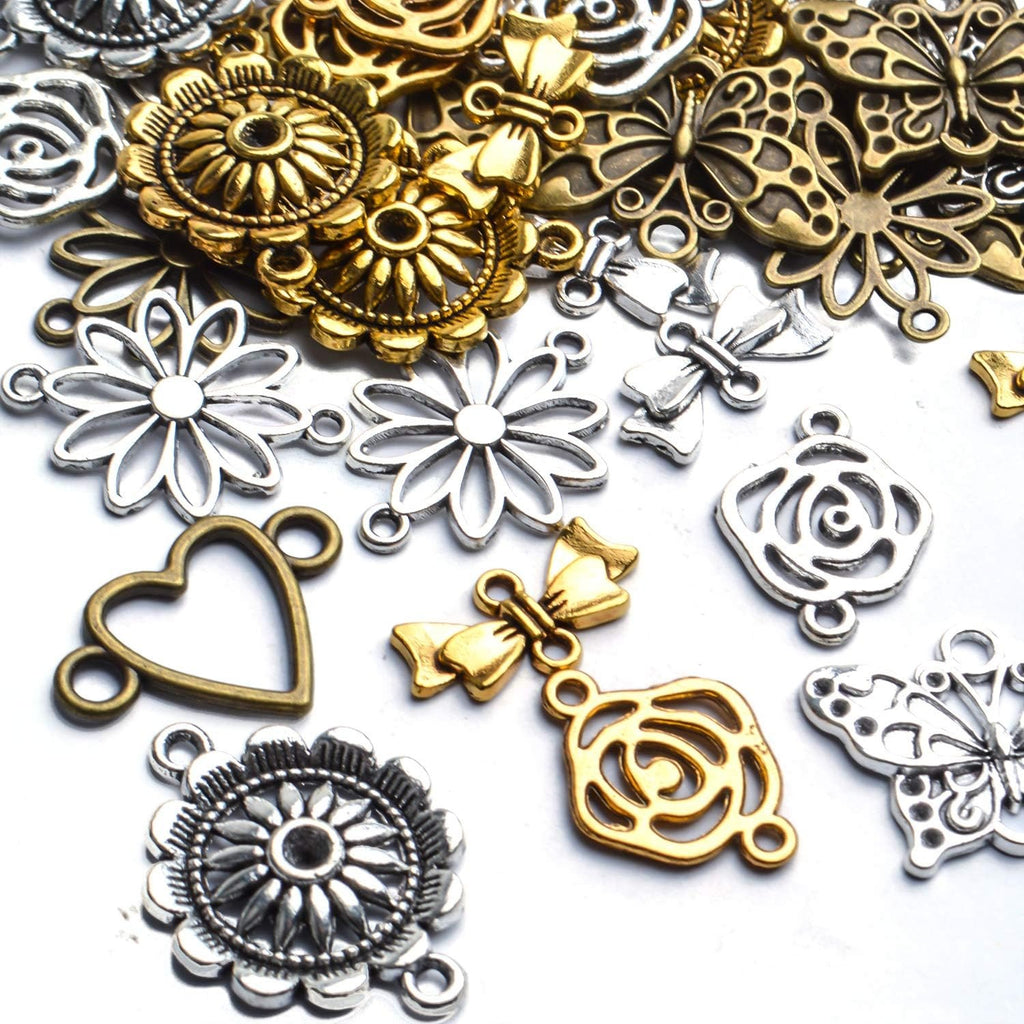 60pcs Craft Supplies Flower Heart Connector Charms Link Charms Pendants with 2 Holes for Bracelets Jewelry Making,6 Styles