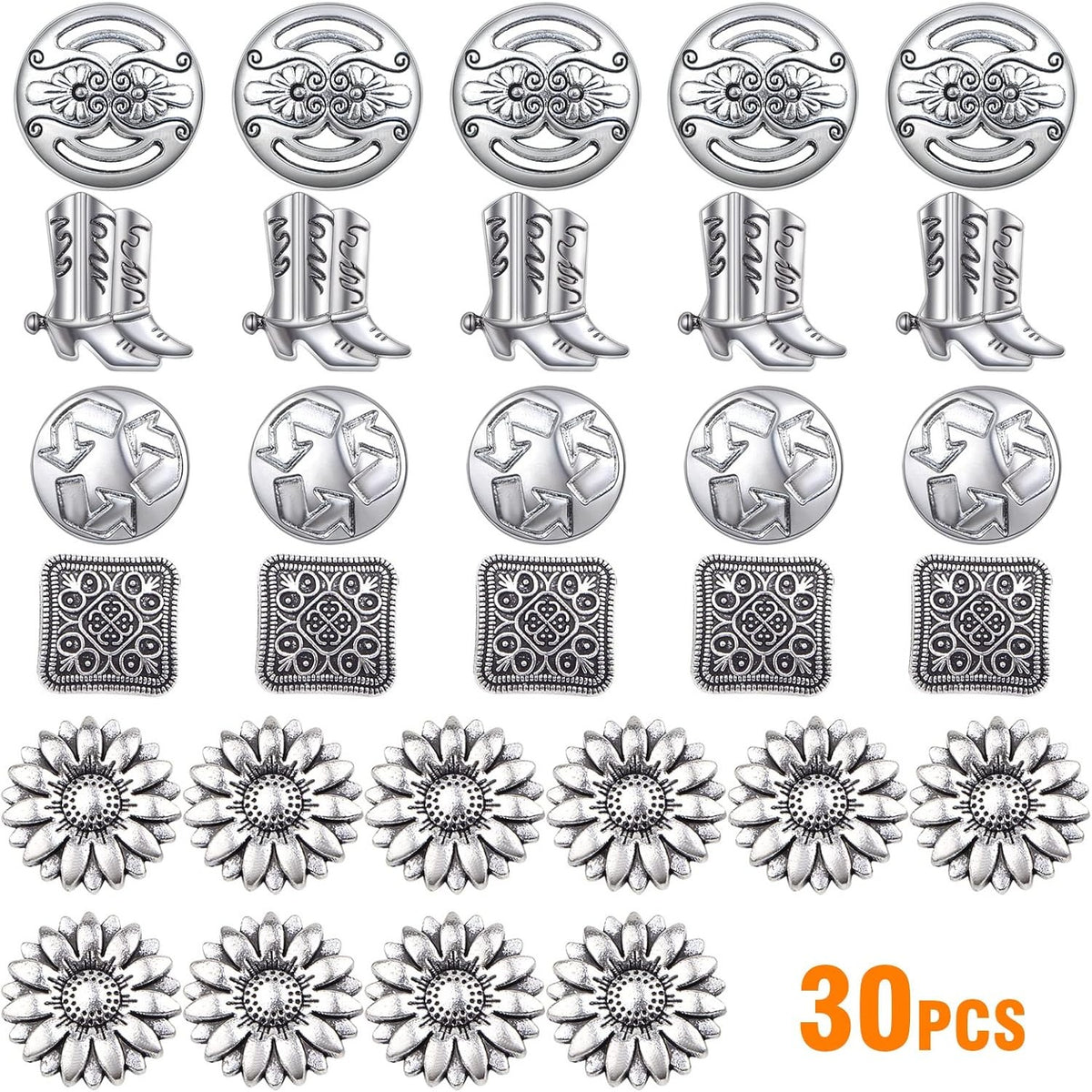 30pcs Silver Sewing Shank Buttons Tibetan Alloy Assorted Carved Sunflower Arrowhead Boot Decorative Handmade Buttons for Costumes Design Clothes Jeans Sewing Crafts, 5 Styles