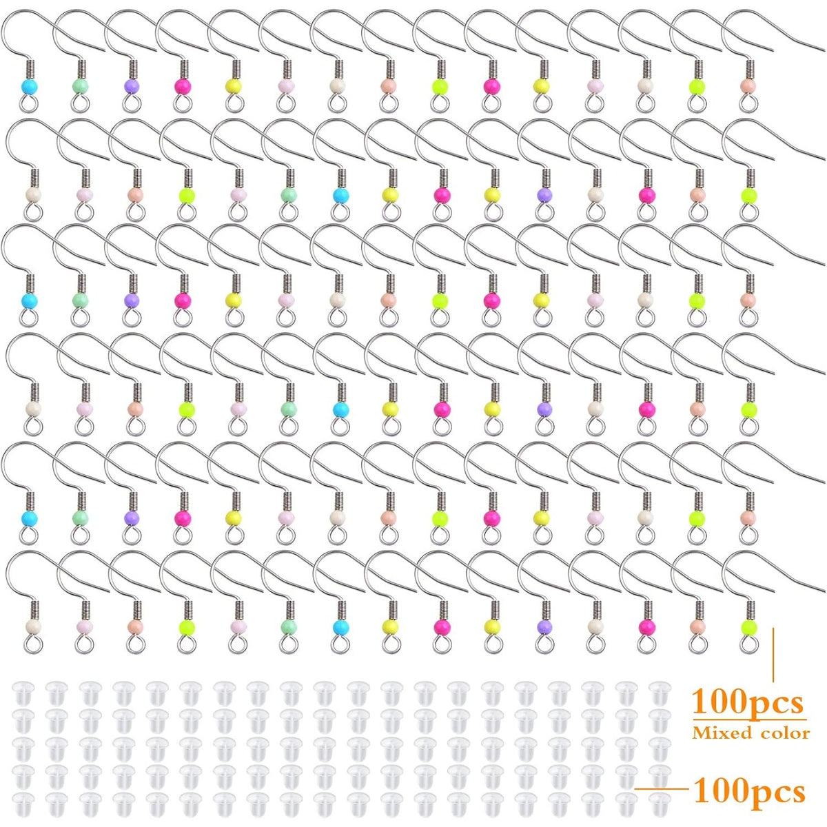 100pcs Mixed Colors Stainless Steel Earring Hooks Hypoallergenic French Earring Fish Hooks and 100pcs Clear Earring Backs Stoppers for DIY Jewelry Making Supplies Gift