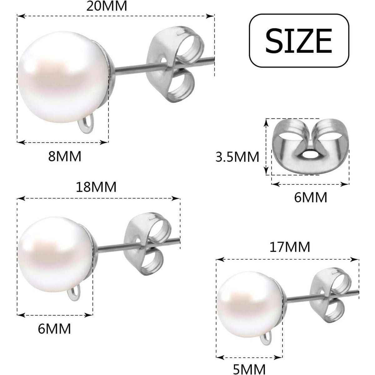 90pcs Faux Pearl Hypoallergenic Earring Posts Stud Earrings with Loop Metal Post Earring Studs and 90pcs Silver Butterfly Earring Backs for DIY Earring Jewelry Making