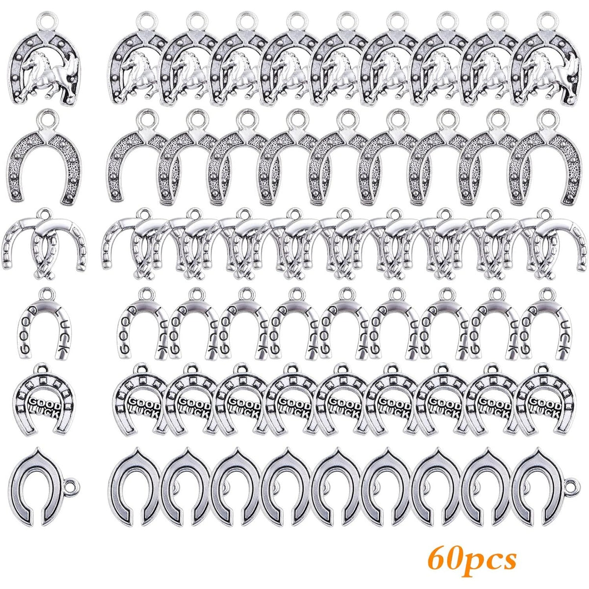 60pcs Antique Silver Horseshoe Charms Vintage Alloy Western Lucky U Shape Horseshoe Dangle Pendants for DIY Bracelet Necklace Earrings Jewelry Making, 6 Styles