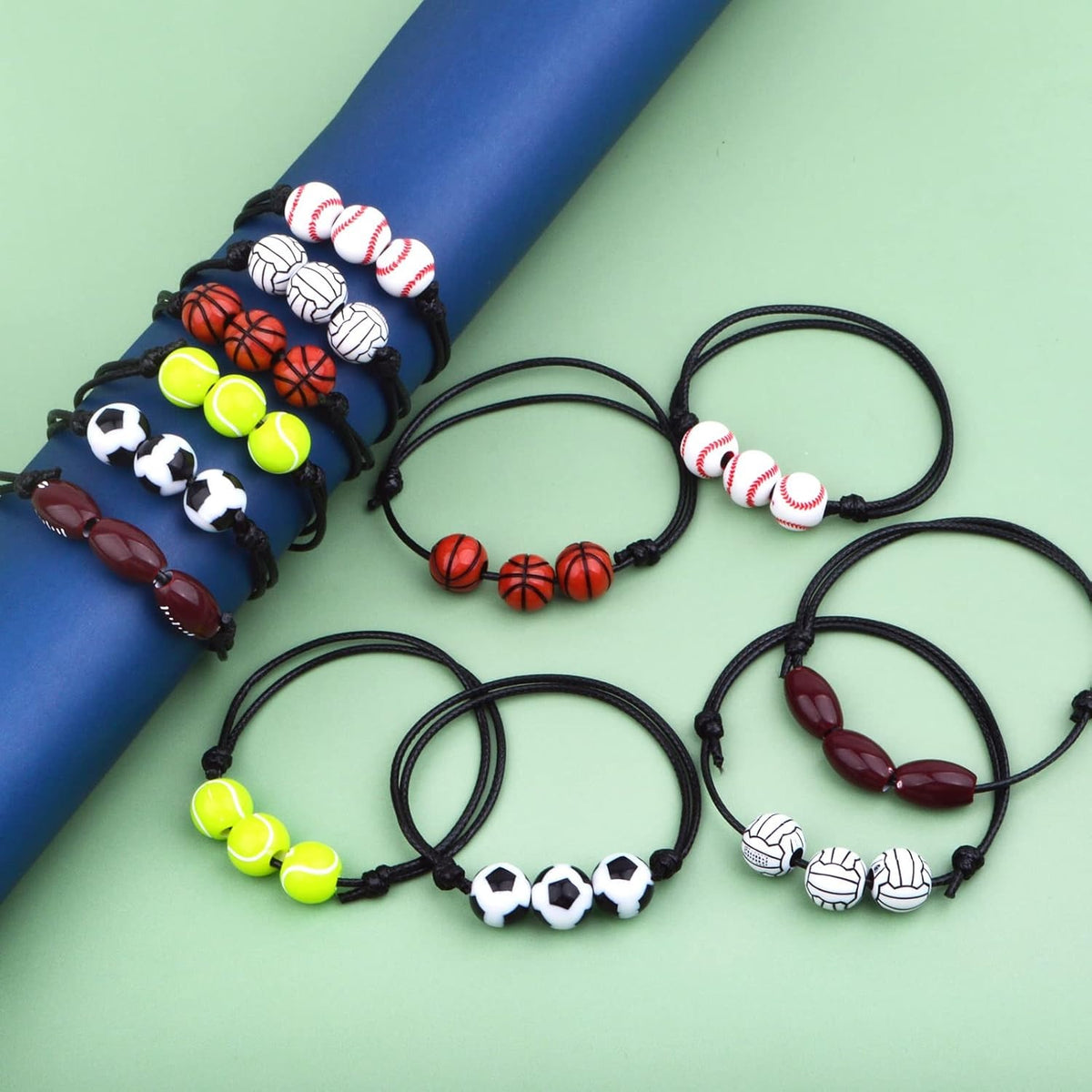 12pcs Adjustable Sport Theme Ball Charm Bracelets Soccer Basketball Baseball Volleyball Tennis Rugby Bracelet Wristbands Friendship for Teens Students Sport Team Players, 6 Styles