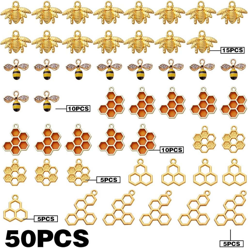 50pcs Honeycomb Bee Charms Enamel Rhinestone Alloy Honeybee Charms Pendants for DIY Necklace Earrings Bracelet Jewelry Making Accessories