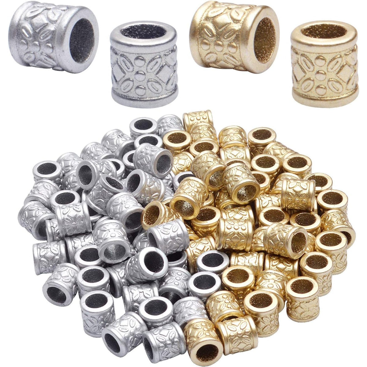 Hair Tube Beads,100pcs Golden and Silver Hair Dreadlock Beads Plastic Braid DIY Beads Large Hole Beads for Men Women Hair Beard Moustache Decoration,9x9x6mm