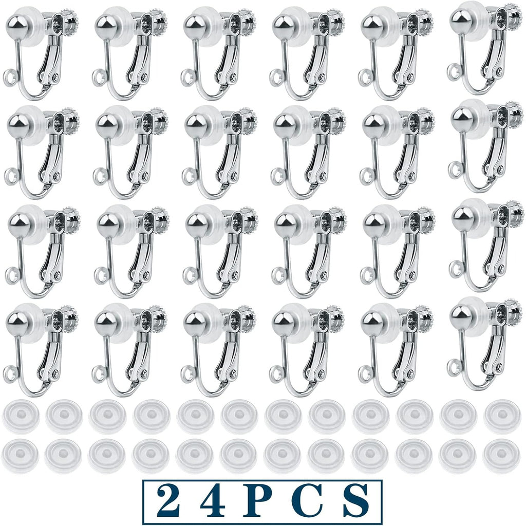 24pcs Silver Plated Clip-on Earring Converters Brass Screw Back Earwire Non Pierced Earring Components with Loop and 24pcs Anti-Pain Pads for DIY Earrings Jewelry Making
