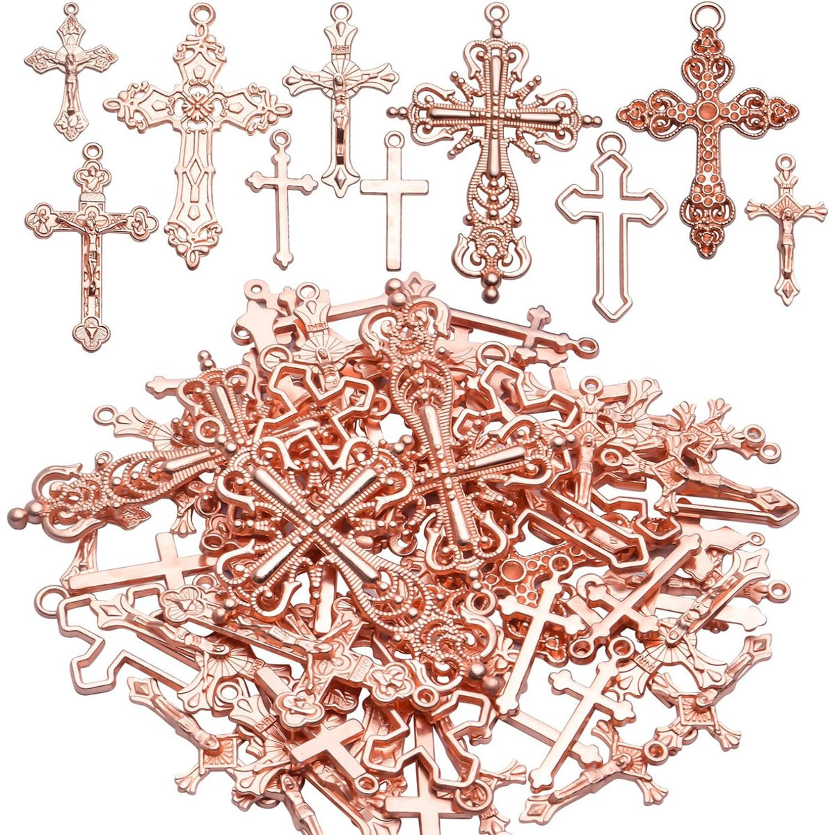 100g Craft Supplies Alloy Rose Gold Jesus Christ Cross Charms Rosary Center Charm Crosses Charms Pendants for Necklace DIY Jewelry Making, Mixed Styles