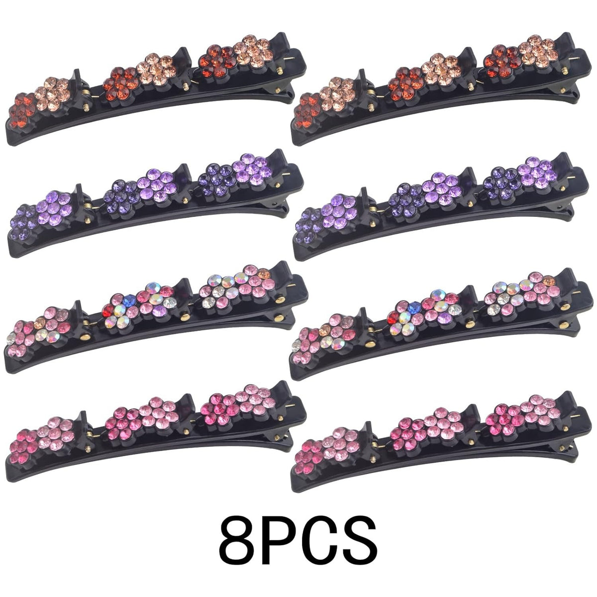 8pcs Sparkling Crystal Stone Braided Hair Clips with Triple Small Clips on Top Double Flower Rsvelte Hair Clip Barrette with Rhinestone for Women Girls Hair Sectioning Styling, 4 Colors