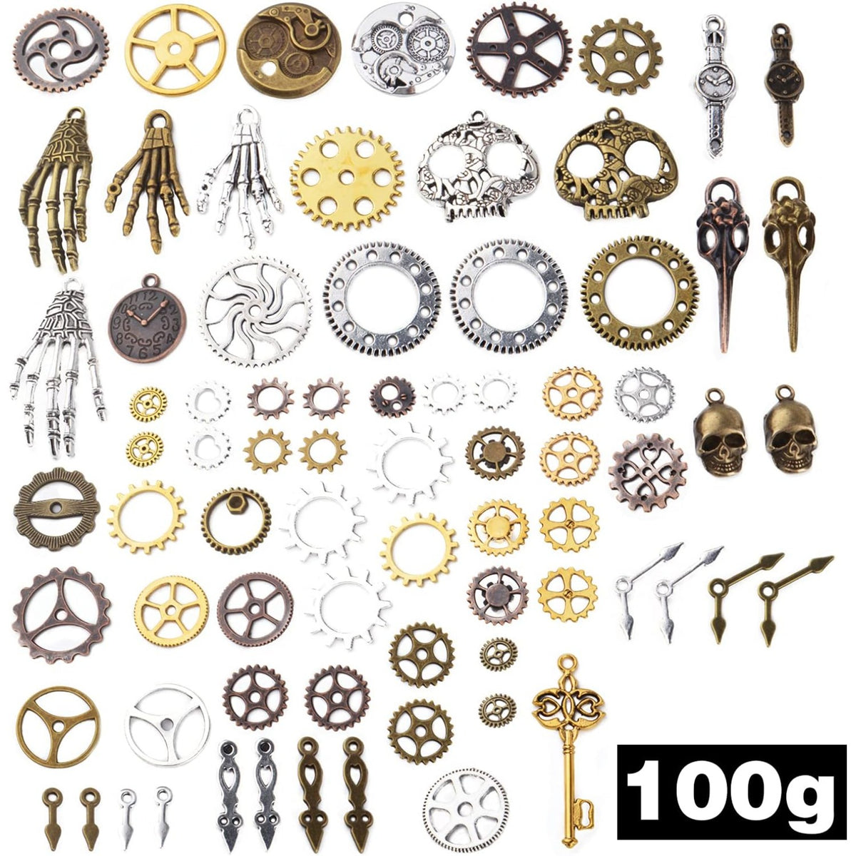 100g(Approx 76pcs) Assorted Colors Antique Metal Steampunk Clock Gear Cog Wheel Skull Key Skull Hand Safety Pin Charms Pendant Jewelry Charms for Craft Jewelry Making Accessory