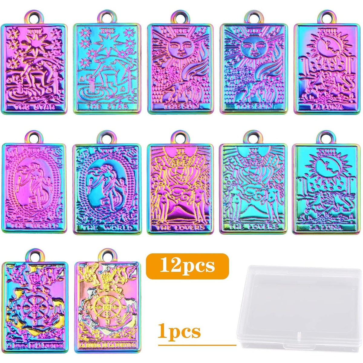 12pcs 6 Styles Tarot Card Charms Rectangle Alloy Tarot Pendants Wheel of Fortune Lovers World Sun Star Charms with a Box for DIY Bracelet Necklace Earrings Jewelry Making, Rainbow Color