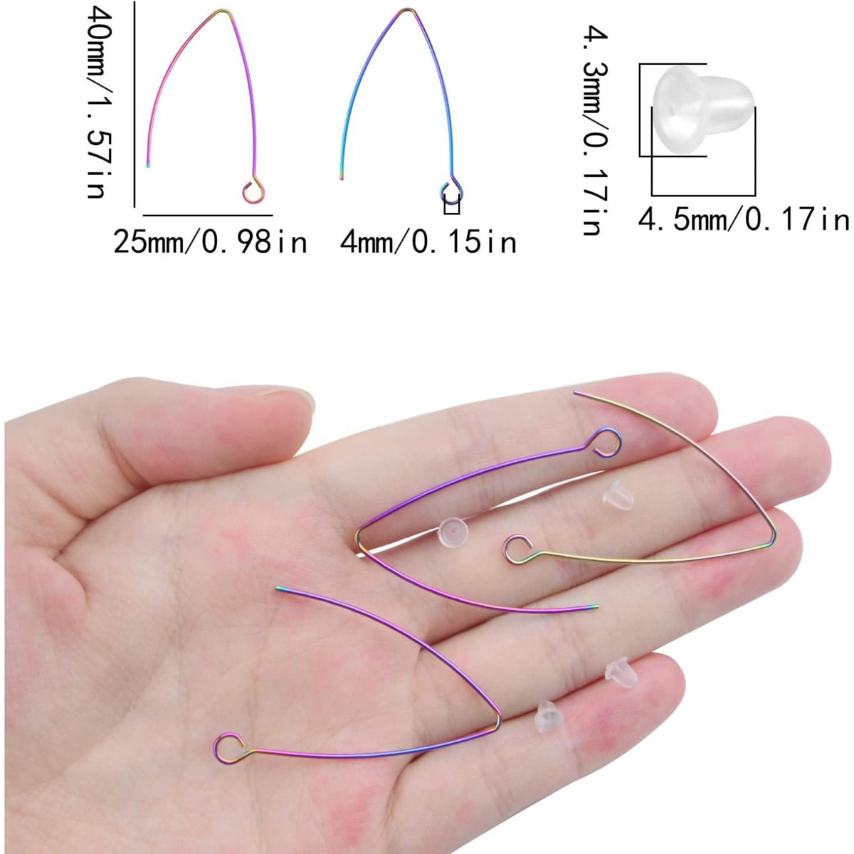40pcs Stainless Steel V-Shape Earring Hooks Hypoallergenic Earwire Hooks with Loop and 40pcs Clear Earring Backs for DIY Jewelry Making Handmade Decoration, Rainbow Color
