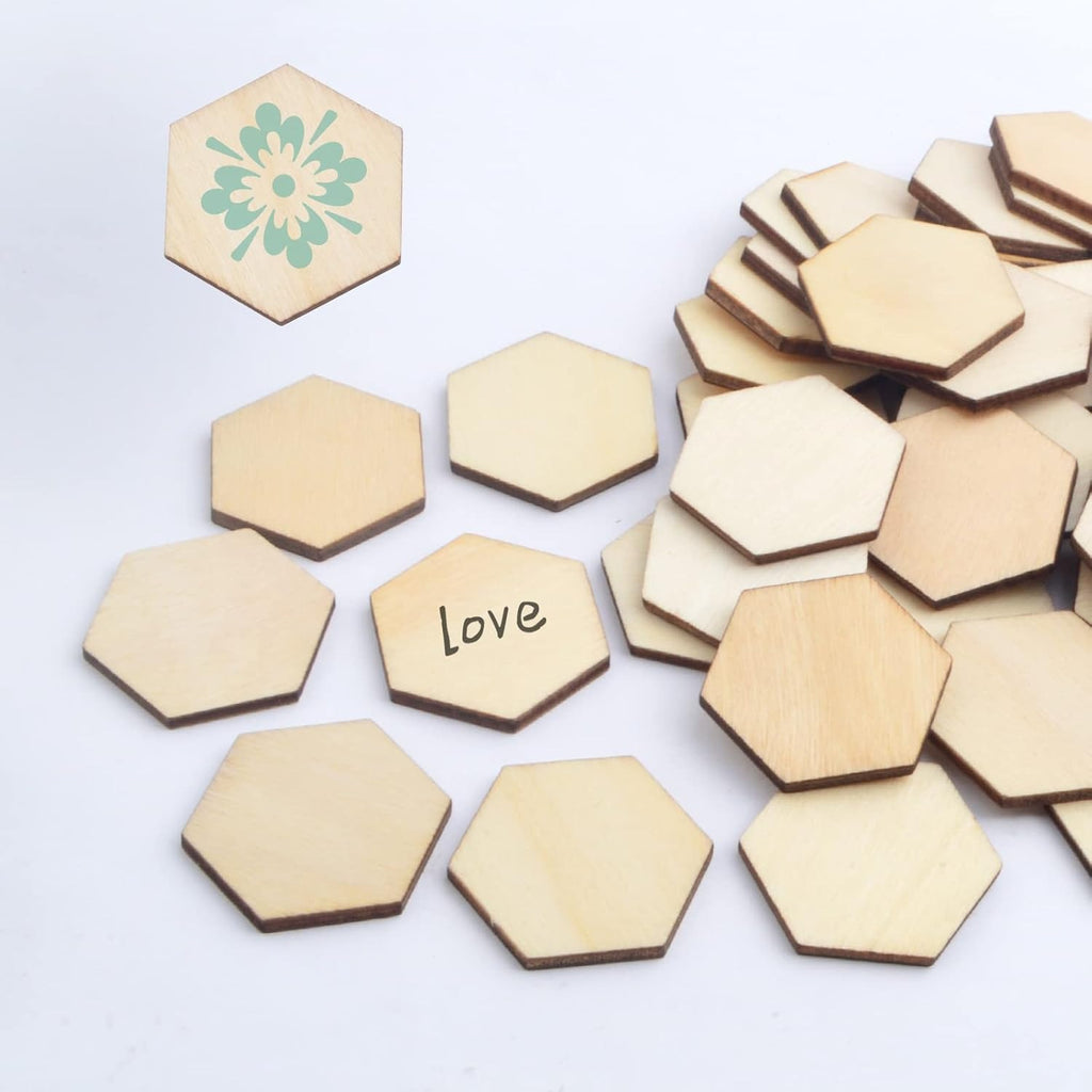 50pcs Blank Unfinished Wood Pieces Hexagon Shape Natural Unpainted Wood Cutout Wood Chips Tiny Log Slices Embellishments for DIY Craft Supplies Home Wedding Christmas Decor