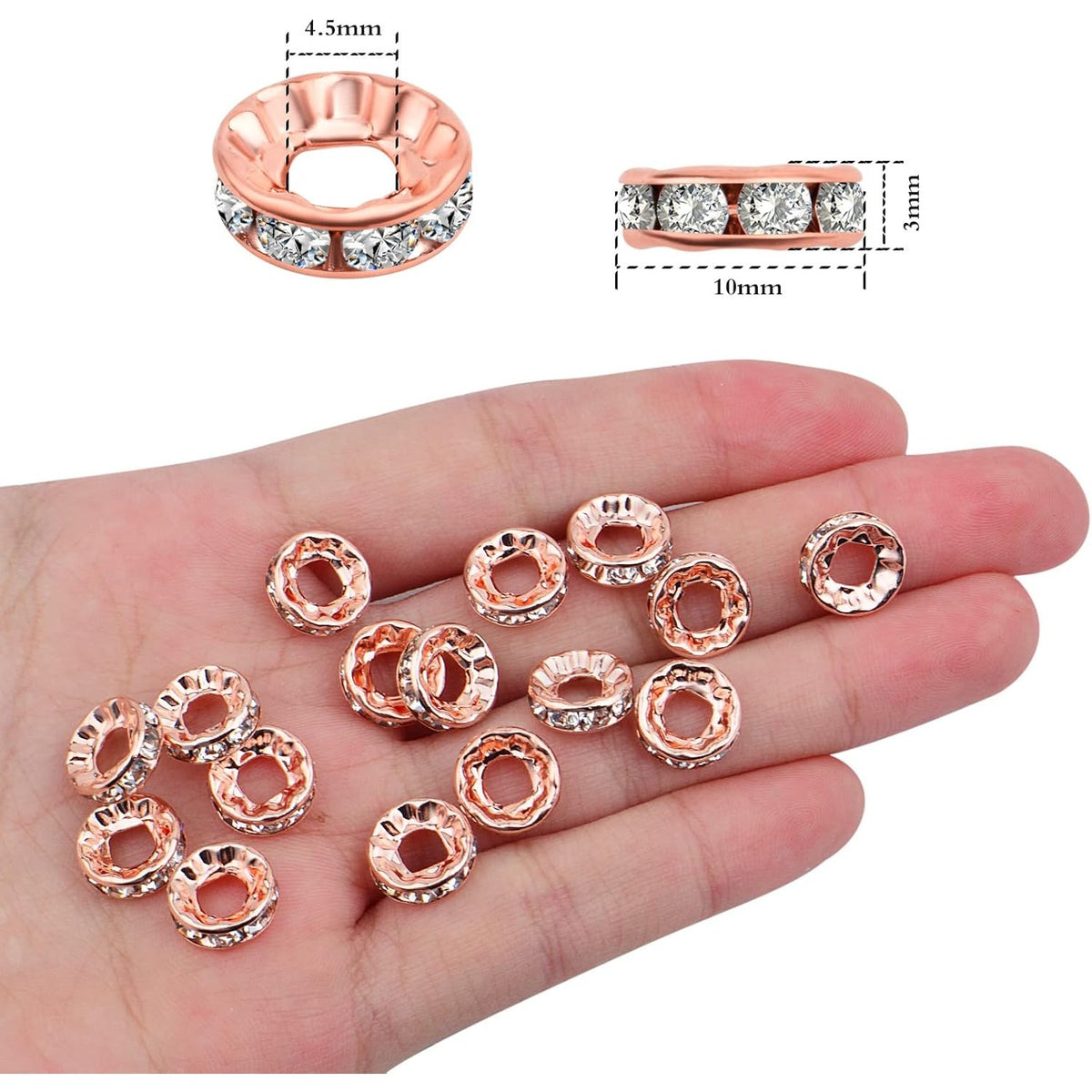 100pcs 10 mm Rhinestone Rondelle Spacer Beads Large Hole Round Crystal Loose Beads Craft Supplies for DIY European Bracelet Jewelry Making Decor, Rose Golden