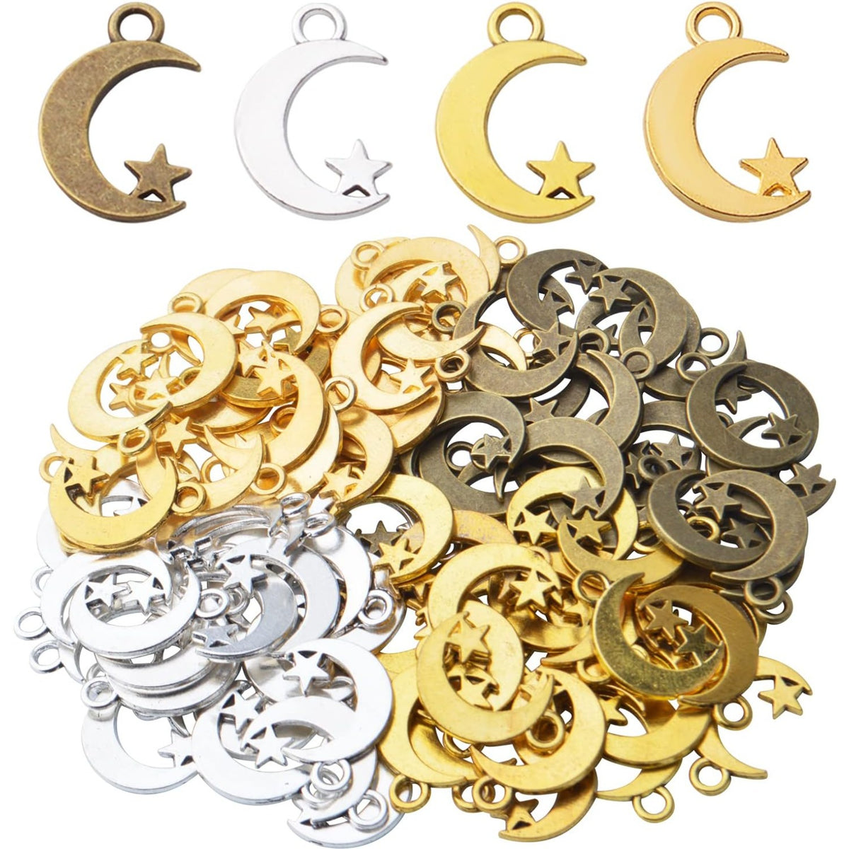 100pcs Alloy Moon Star Charm Pendants Celestial Beads Charms for DIY Earrings Necklace Bracelet Jewelry Crafts Making,4 Colors
