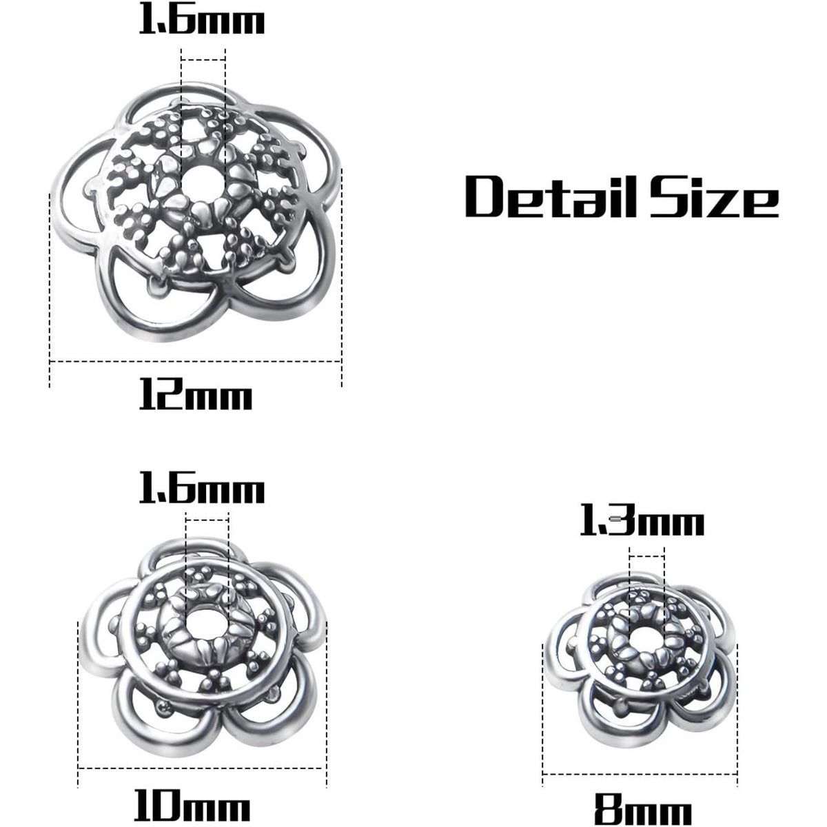 200pcs 12mm/10mm/8mm Antique Silver Flower Bead Caps Alloy Tibetan Spacer Bead Caps Bali Style Jewelry Spacer Caps for Earring Necklace Jewelry Making Supplies