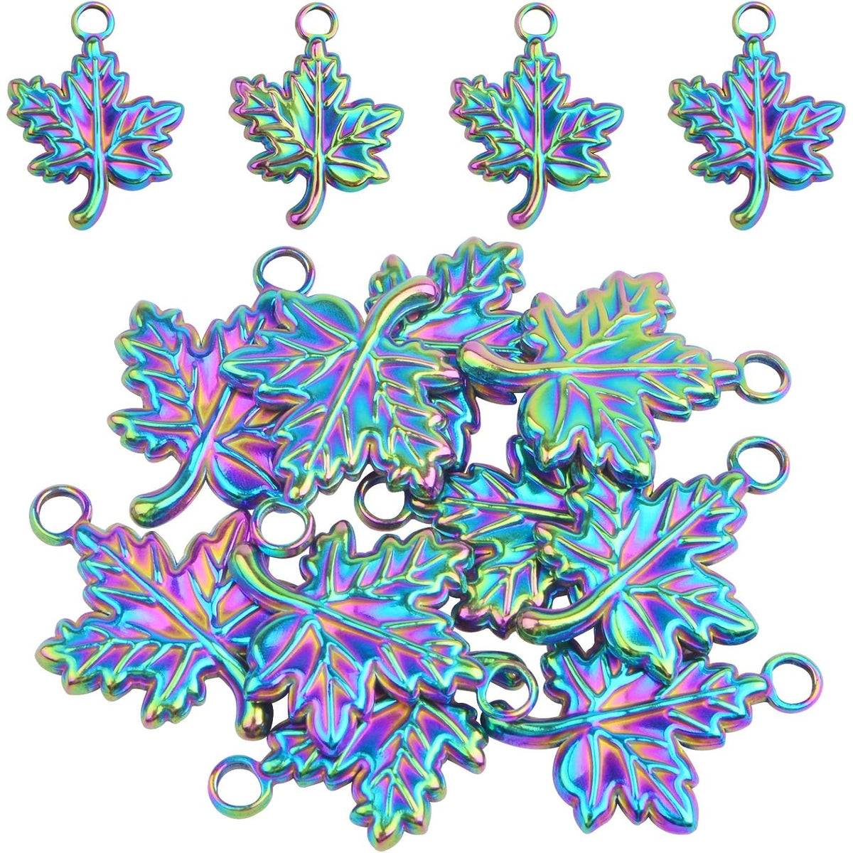 10pcs Stainless Steel Fall Charms Hypoallergenic Maple Leaf Pendants Autumn Leaf Dangle Charms for DIY Bracelet Necklace Jewelry Making Thanksgiving Gift, Rainbow Color