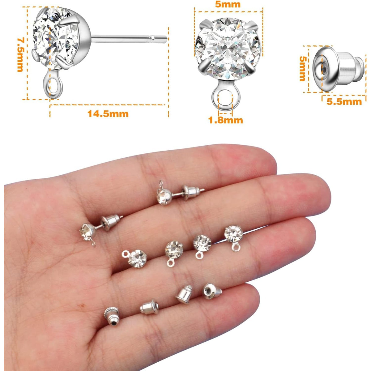 50pcs Rhinestone Stud Earrings Crystal Earring Posts with Loop Hole and 50pcs Bullet Earring Backs Jewelry Findings for Birthday Party Gifts Crafts Decor
