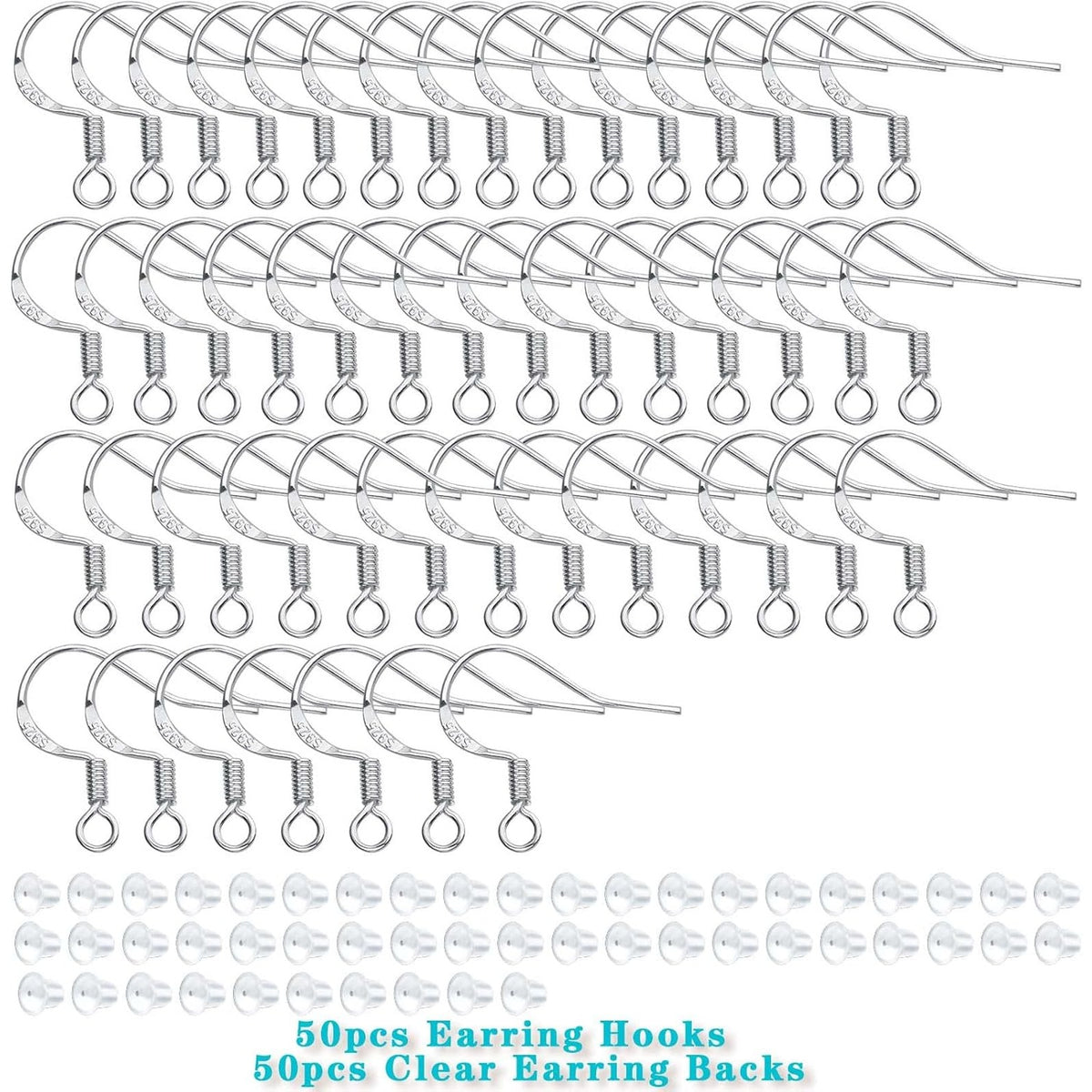 50pcs 925 Sterling Silver Earring Hooks Hypoallergenic Earwire Fish Hooks and 50pcs Silicone Clear Earring Safety Backs for DIY Earring Jewelry Making Supplies