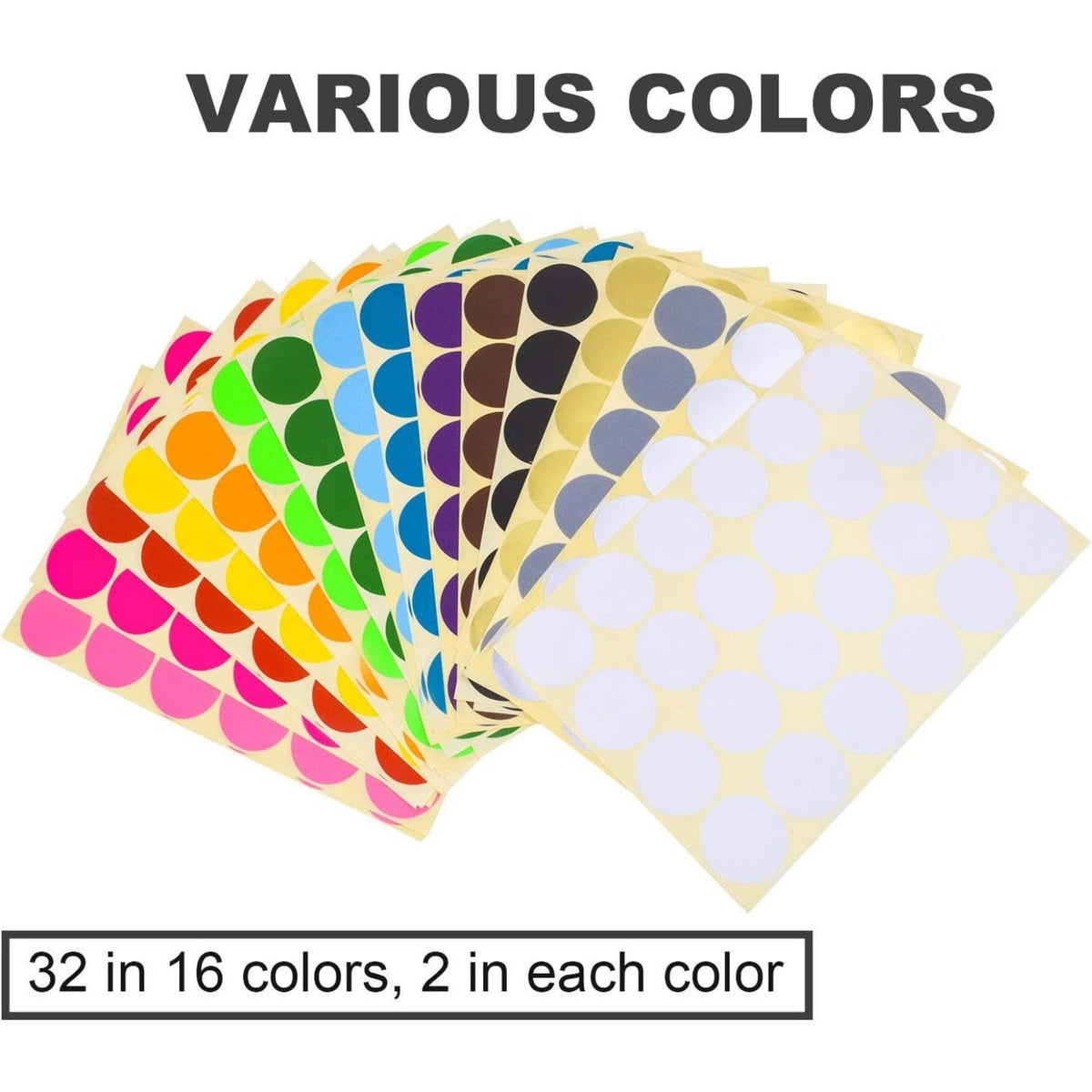 32 Sheets 32mm Round Dot Stickers Color Coding Labels, 16 Different Assorted Colors Dot Labels