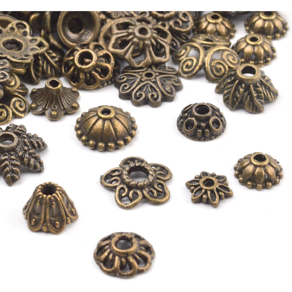 100 Gram(About 150-250pcs) Bali Style Jewelry Making Metal Bead Caps Deluxe New Mix,Bronze