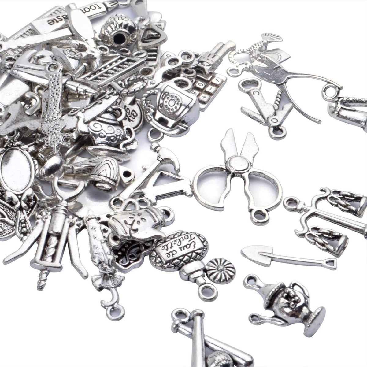 60pcs Silver Home Tools Charms Mixed Styles Vintage Pendants Jewelry Charm Connector Craft Supplies for DIY Necklace Bracelet Making and Crafting