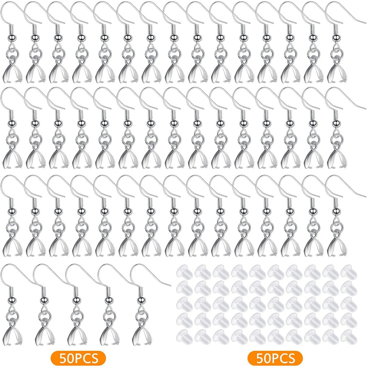 50pcs Brass Earring Fish Hooks Hypoallergenic French Earwire Hooks with Pinch Bail Clasps and 50pcs Clear Earring Backs Stoppers for DIY Earrings Making Supplies, Silver