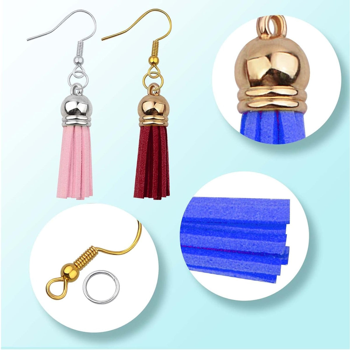 40pcs Suede Leather Tassel Charms Decorations and 40pcs French Earring Hooks with 100pcs Open Jump Rings for Earrings Key Chains Cellphone Straps DIY Craft Projects, Mixed Colors