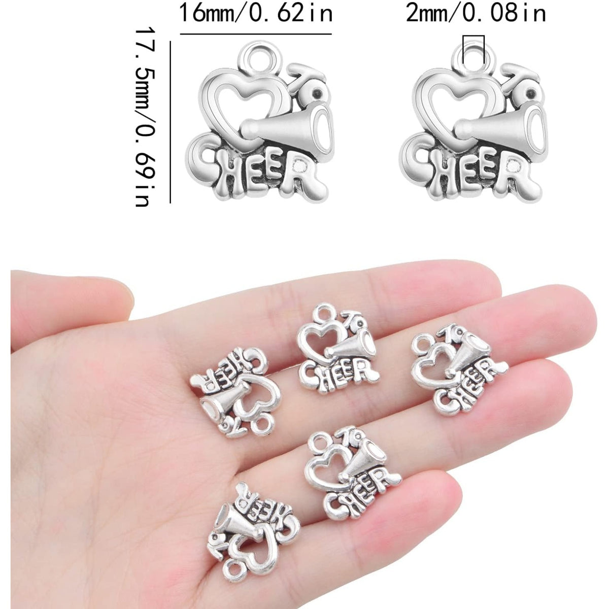 50pcs Antique Silver Heart Shape Cheer Horn Charms Alloy Love Cheer Loudspeaker Sport Pendants Craft Supplies for DIY Necklace Bracelet Jewelry Making Cheerleader Gifts