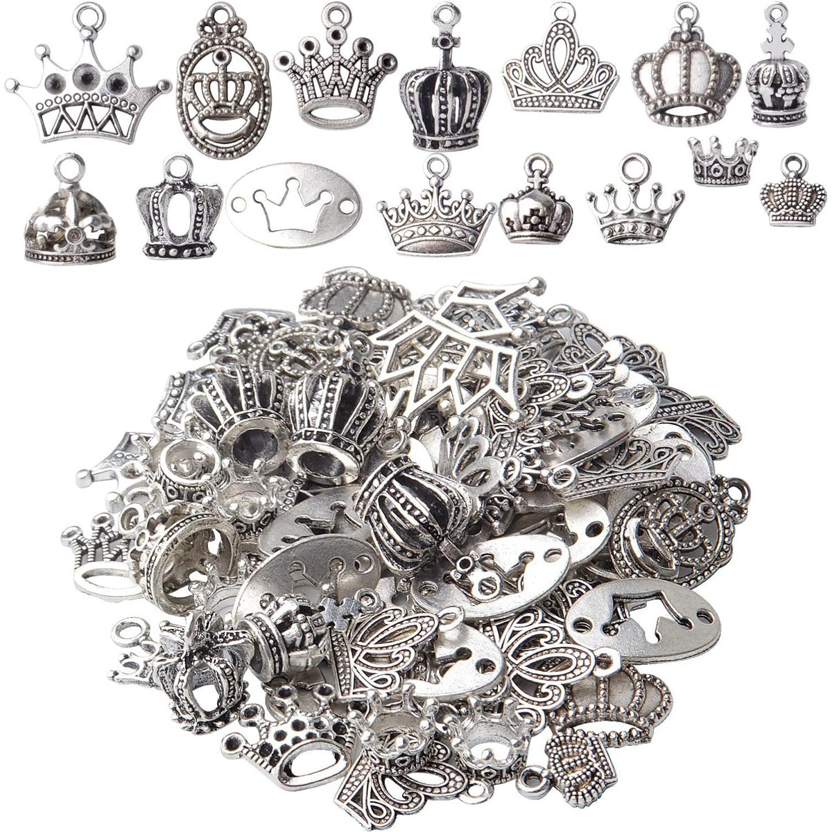 100g Antique Silver King Crown Charms Alloy Crown Pendant Charms Mixed Styles Jewelry Crown Charms for DIY Bracelet Jewelry Making Crafts Supplies