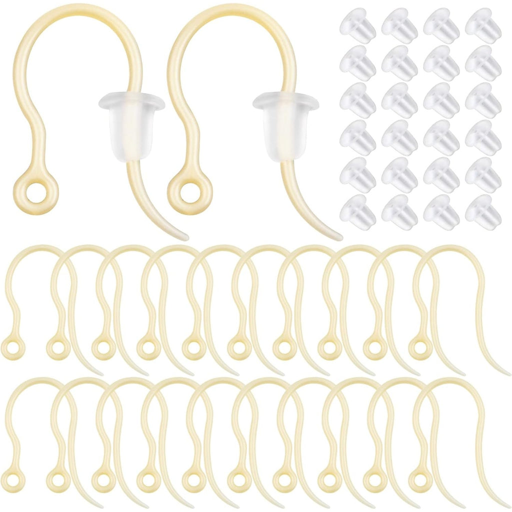 100pcs Golden Plastic Earring Hooks Fish Hooks with Loop and 100pcs Clear Bullet Earring Stoppers for DIY Jewelry Making Party Gifts Crafts Decor
