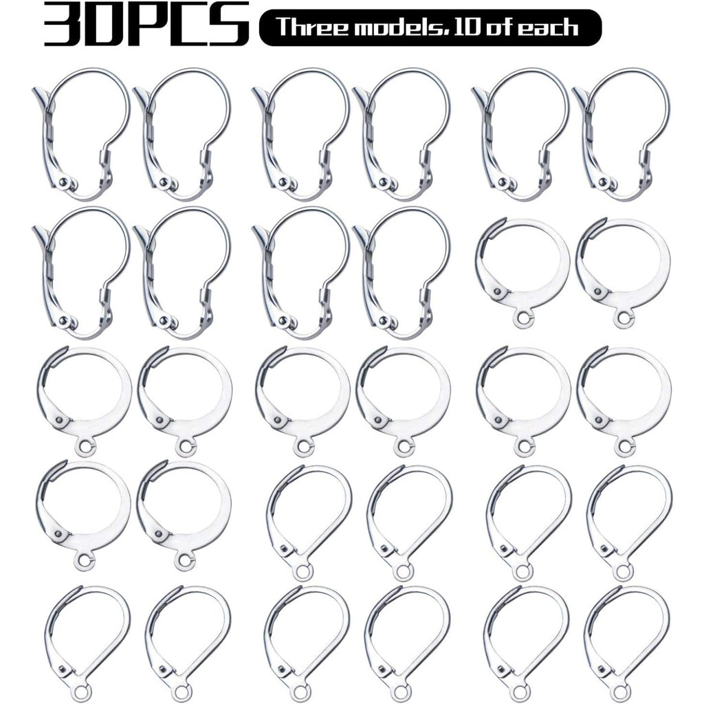 30pcs Stainless Steel Leverback Earrings Hooks: Round, Oval, Gourd - Silver