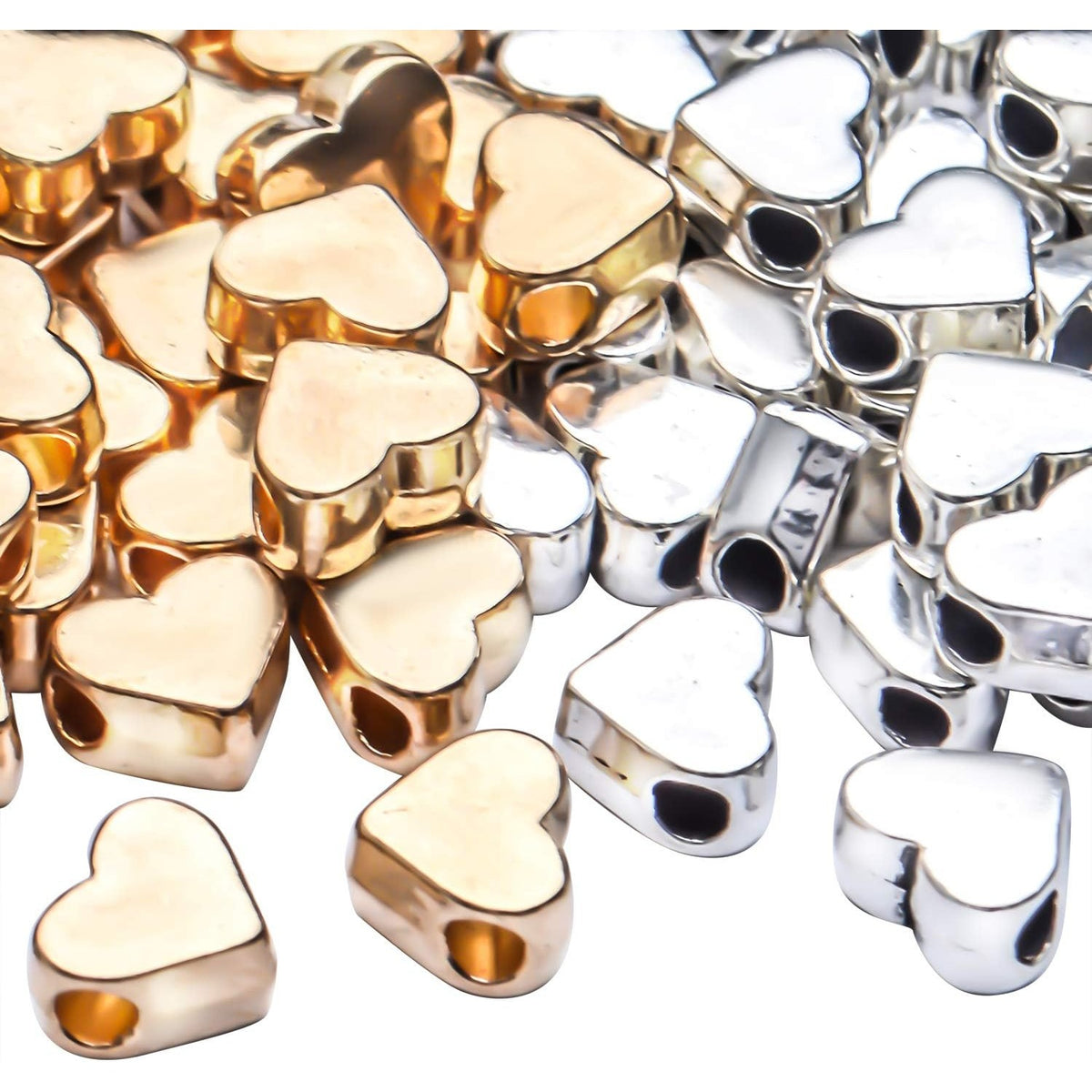 100 Pieces Heart Shape Beads European Heart Spacers Loose Beads Jewelry Heart Charms for DIY Jewelry Necklace Earring Bracelet Handmade Crafts Supplies (Gold, Silver)