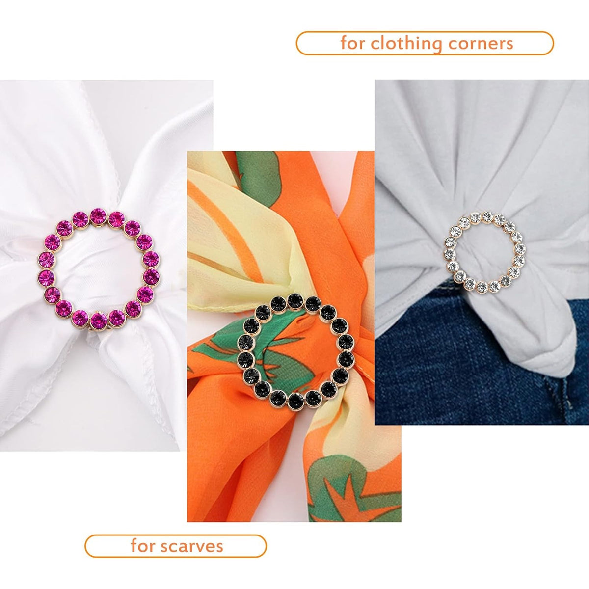 10 Pieces Metal Round Scarf Ring Clips Waist Buckle Circle Clip T-Shirt Silk Tie Pin Clips with Bling Rhinestone for Women Fashion Clothes Hat Belt Decor, 10 Colors