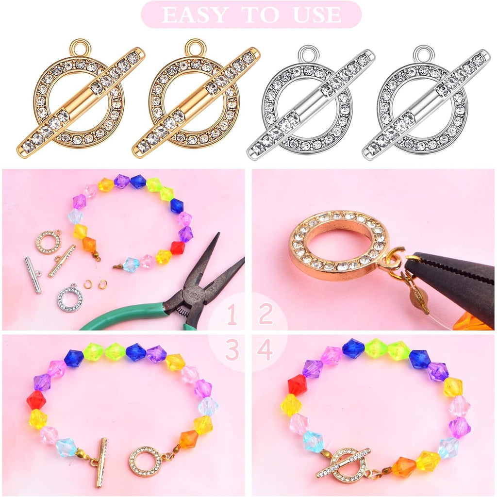 10 Sets Round Metal Toggle Clasps Bracelet Closure Fastener Buckle OT End Clasps T-Bar Connectors and Ring Clasps with Rhinestone for DIY Craft Necklace Jewelry Making, 2 Colors