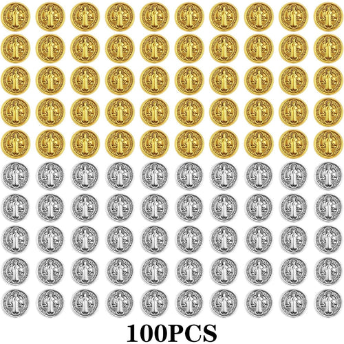 100pcs 9.5 mm Round Double-Sided Jesus Cross Spacer Beads Catholic Saint Benedict Beads Religious Loose Beads for DIY Rosary Bracelet Necklace Jewelry Making, 2 Colors