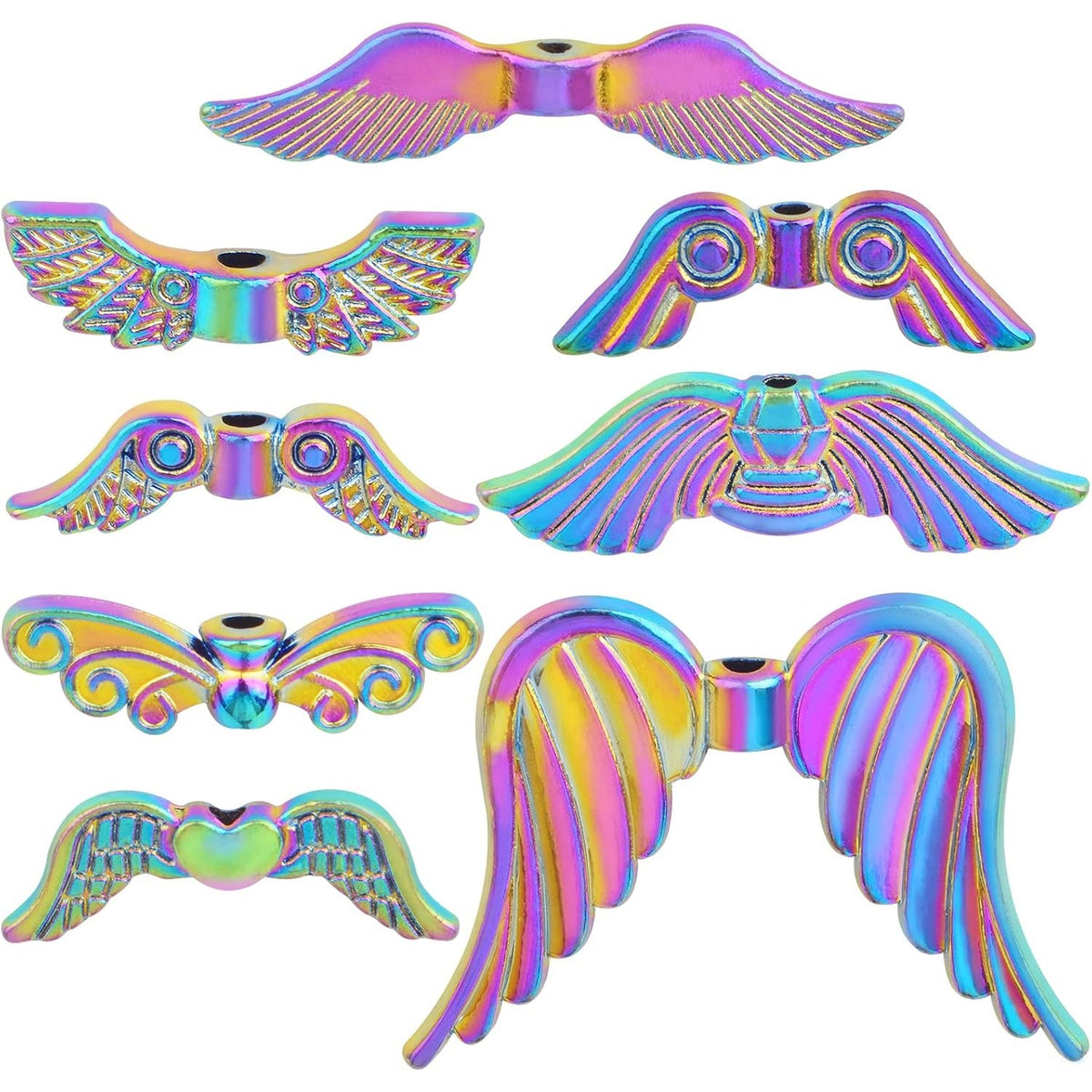 16cs 8 Styles Stainless Steel Angel Wing Spacer Beads Shiny Angel Fairy Wings Charm Beads Handmade Accessories for DIY Necklaces Bracelets Earrings Jewelry Making, Rainbow Color