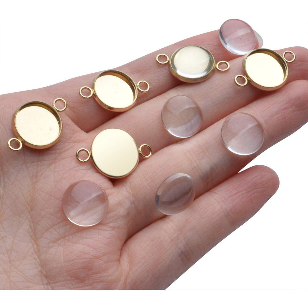 Pendant Blanks,30 Pcs 12mm Stainless Steel Bezel Pendant Double Holes Connector Trays Pendant Blanks with Clear Glass Cabochons for Photo Pendant Craft Jewelry Making