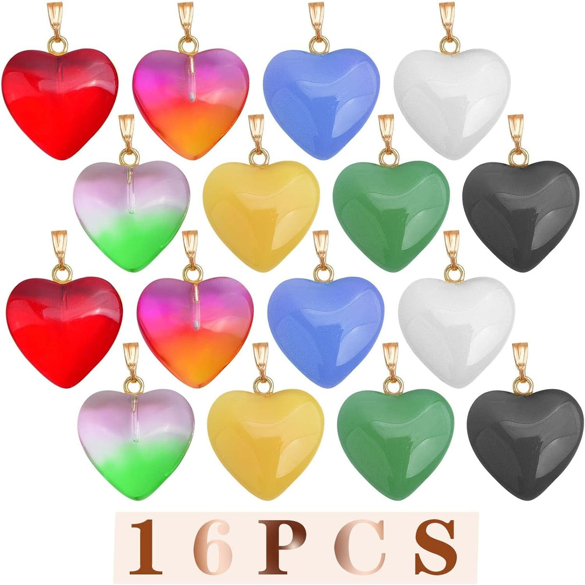 16pcs 8 Colors Heart Charms Transparent Spray Painted Heart Shape Glass Pendants with Golden Plated Metal Pinch Clasps for DIY Necklace Jewelry Making Valentine's Day Gift